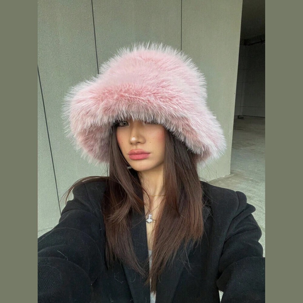 Pink Faux Fur Fluffy Bucket Hat
